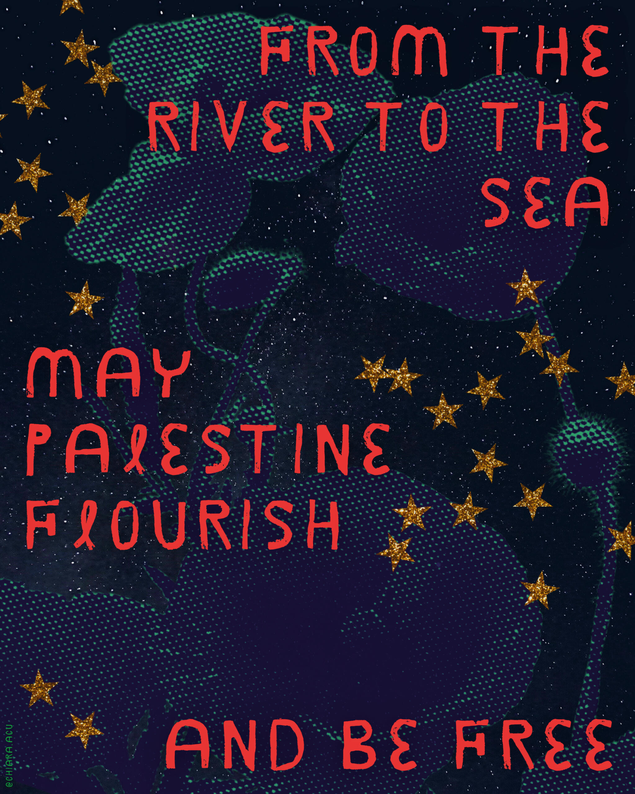 A poster by Chiara Acu of flowers and stars in a blue and green colour palette. Large, red text reads, "From the river to the sea, may Palestine flourish and be free".